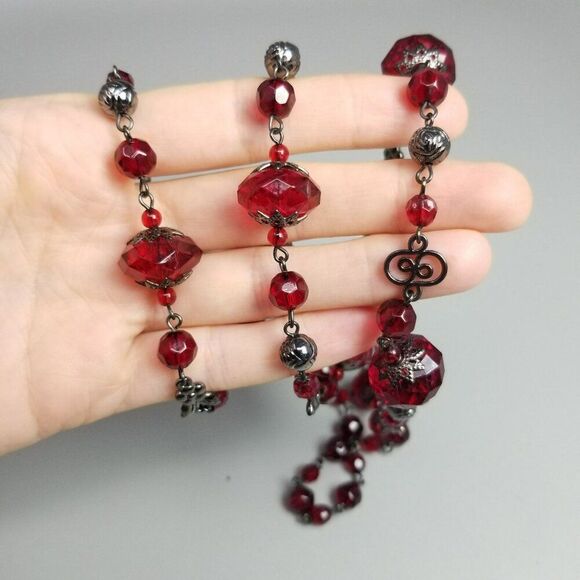 Vintage Jewelry - Vintage Red and Dark Gray Long Beaded Necklace, Plastic and Metal, Estate
